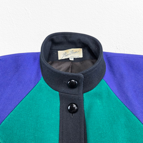 Vintage 80s Colorblock Wool Coat Blue Green Black Beau Brem Overcoat Size 16 - Picture 7 of 12